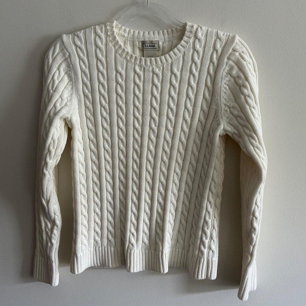 LL Bean Sweater Cream Medium Cotton Cable Knit Crew Neck 258841